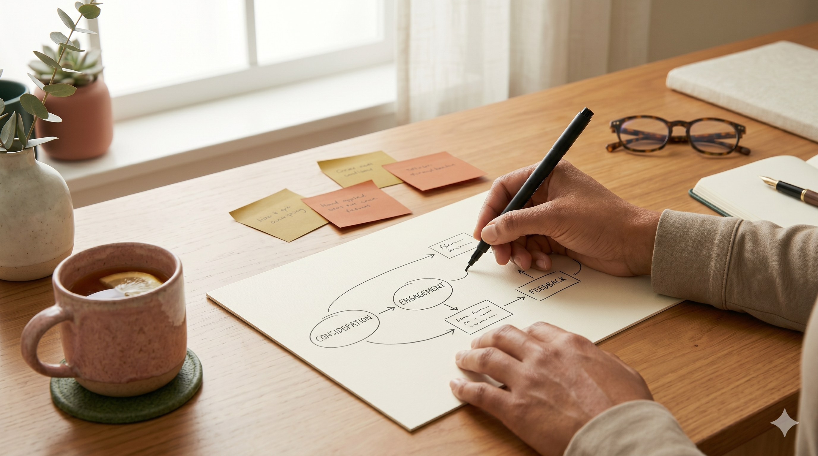 A person sketching a customer journey on paper — the funnel mindset that turns a website from a brochure into a conversion engine.