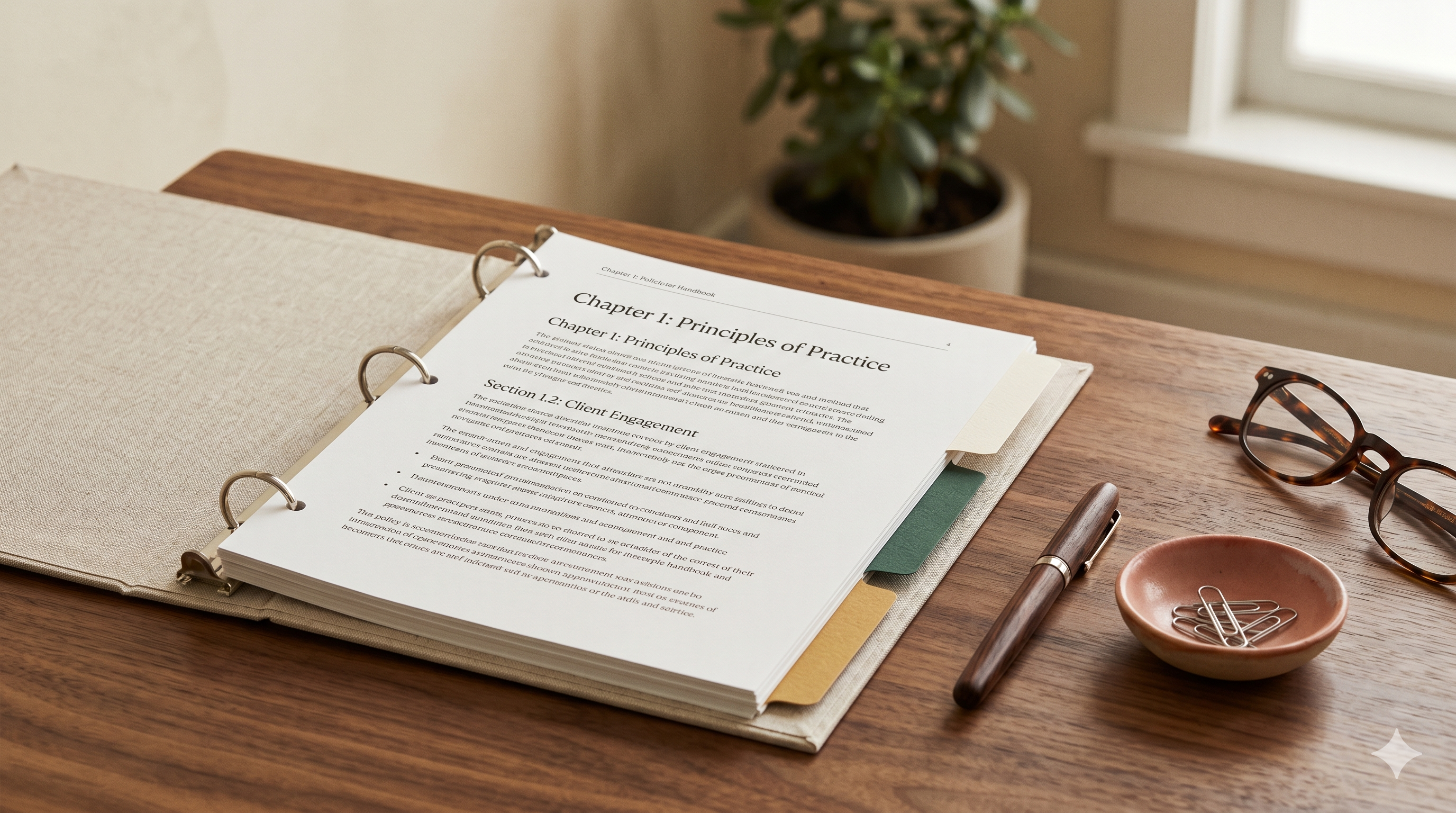 An open binder with organized tabs and printed policies — the kind of documented systems and procedures that need to exist before bringing on a first hire.