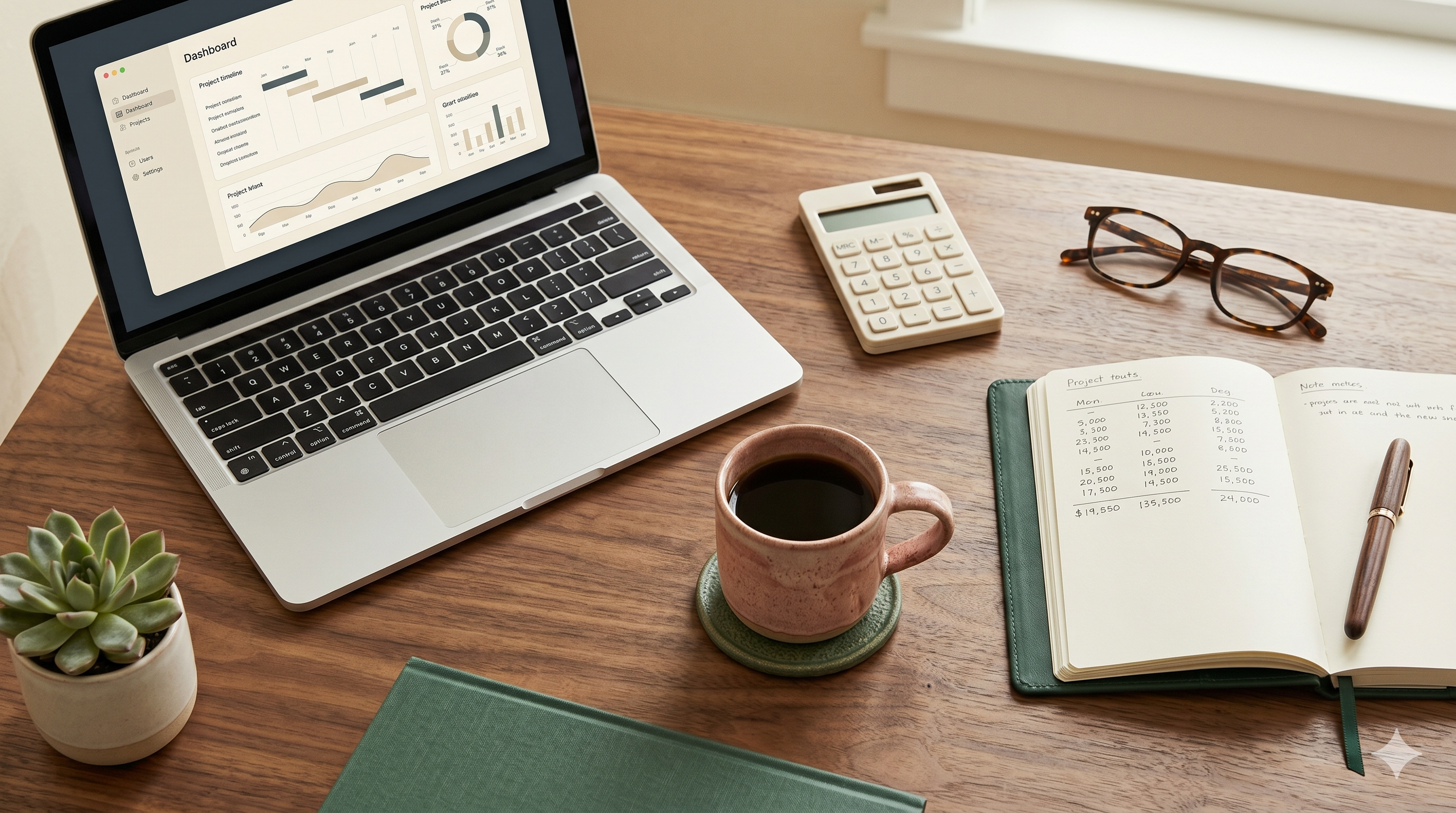 A laptop, calculator, and notebook on a desk — the financial planning groundwork of separating payroll from operating expenses before bringing on a first hire.