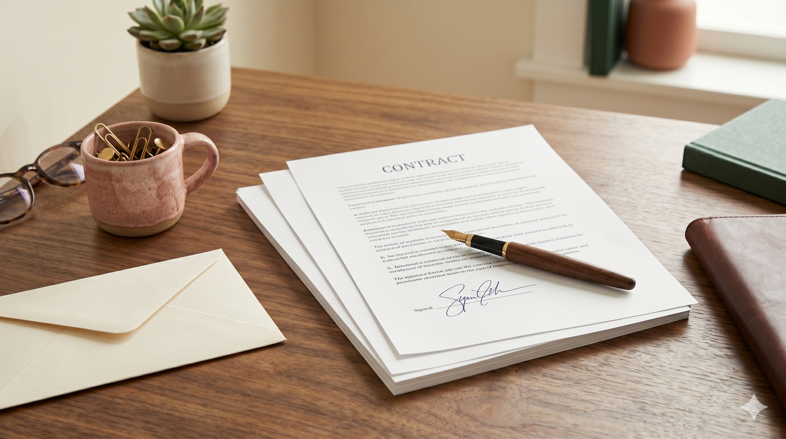 A pen resting on top of signed contracts and employment paperwork — the legal foundation of every new hire in a group practice.