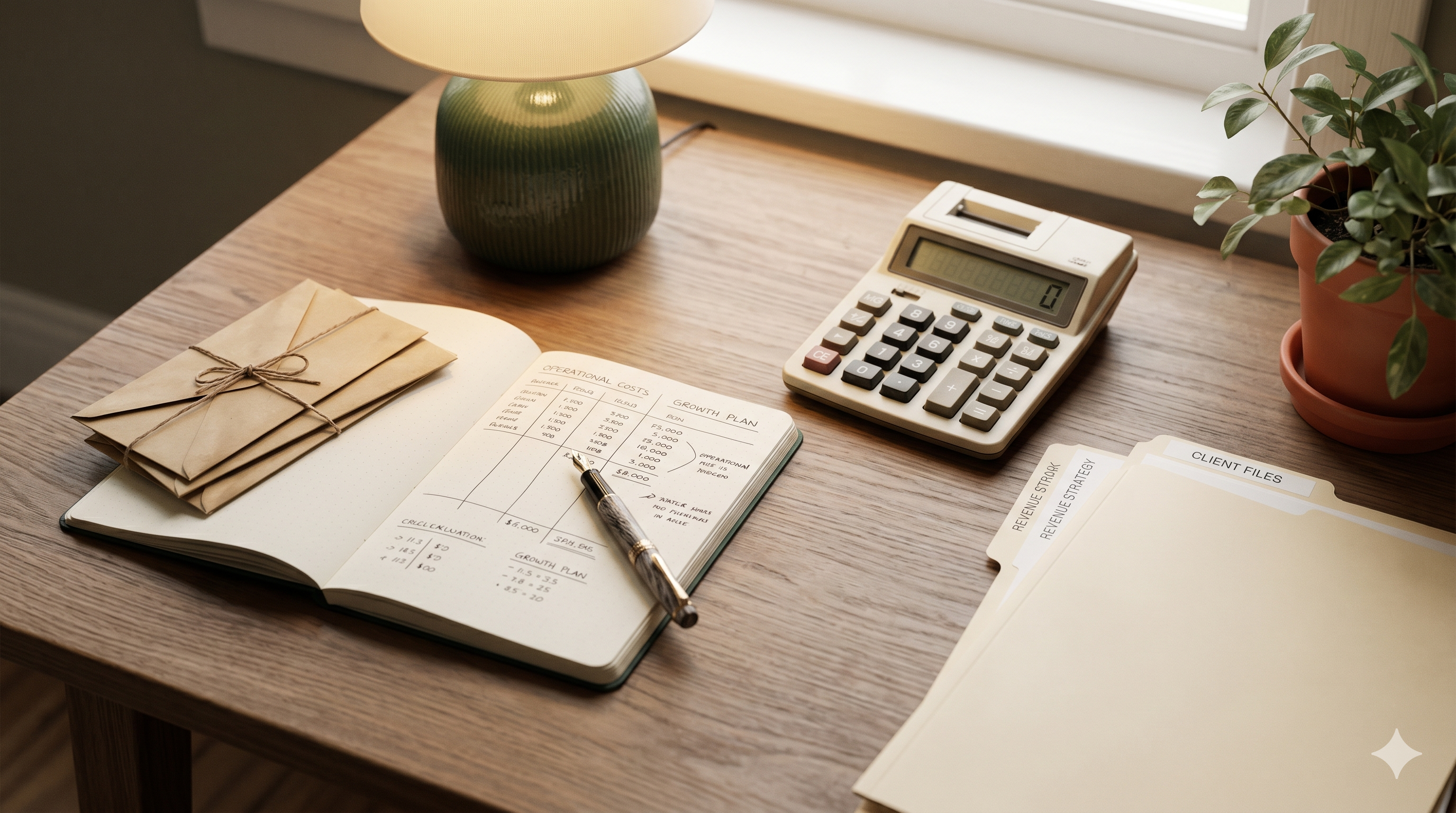 A desk with a calculator, binders, and a notebook — the kind of careful financial modeling and cash buffer planning that makes the solo-to-group transition survivable.