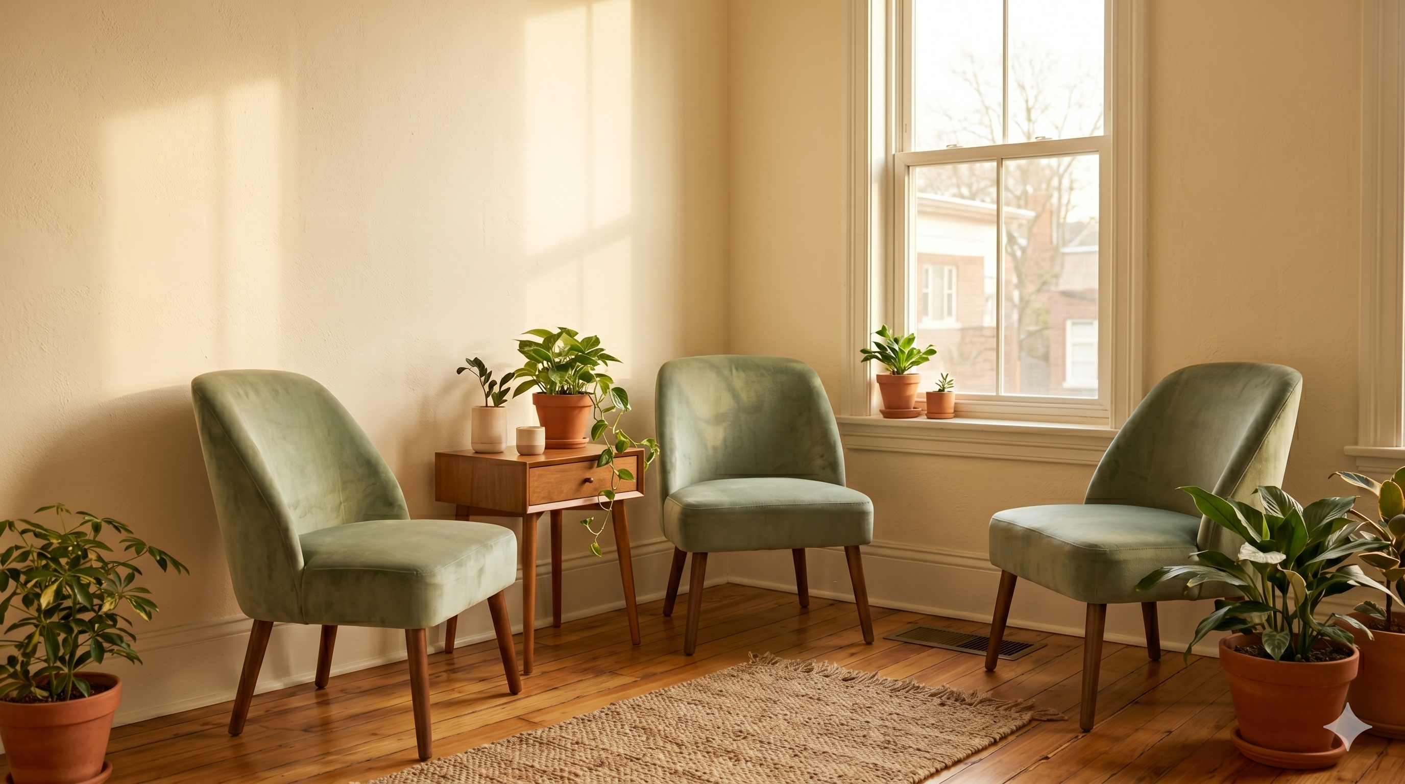 A warmly lit therapy office with two chairs facing each other — the kind of intimate clinical space a solo practitioner builds before growing into a group practice.