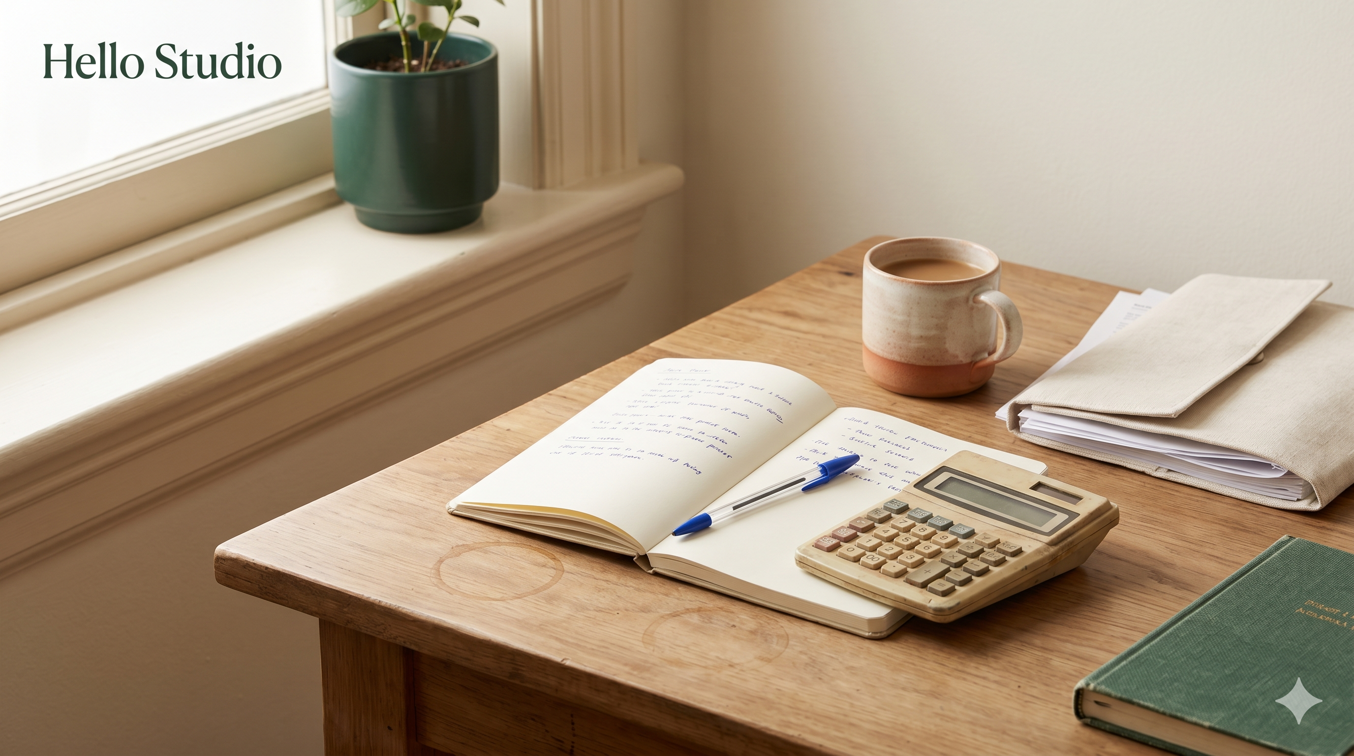A desk with a calculator, notebook, and planning materials — the kind of operational groundwork that has to exist before a first clinician is hired into a group practice.