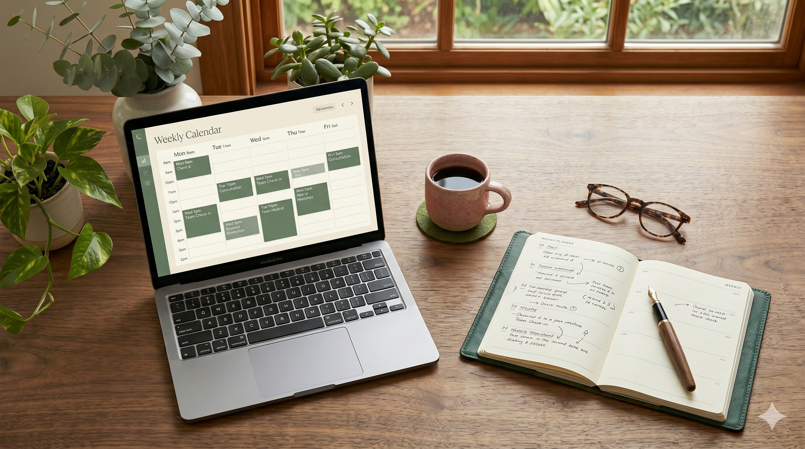 A laptop with a calendar and scheduling app open on screen — the foundational EHR layer that anchors a group practice's daily operations.