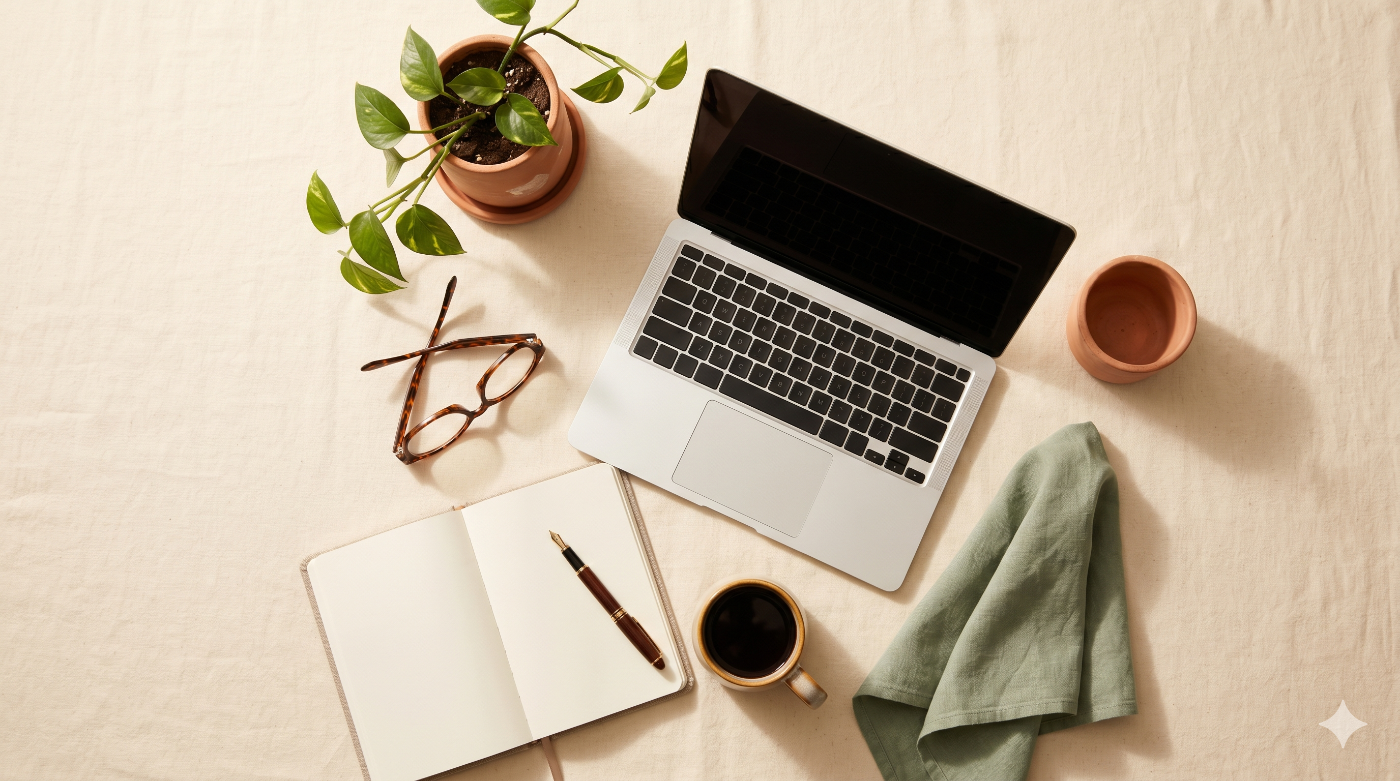 A clean desk with a laptop, notebook, and coffee — the workstation behind a group therapy practice running on a deliberate set of digital tools.